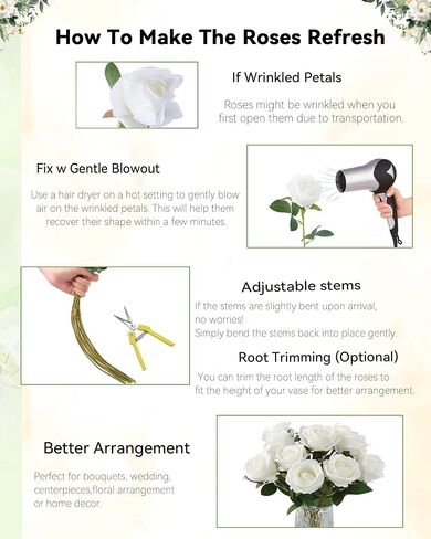 50PCS Realistic White Roses Artificial Flowers Bulk, Fake Roses with Bendable Long Stems, Texture White Flowers for Wedding Decorations,Home Decor, Arrangement, Event, Holiday,Parties in Saudi Arabia