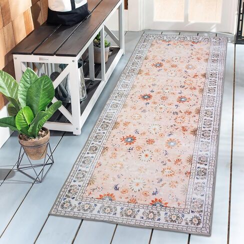 Boho Runner Rug 2x6,Machine Washable Hallway Rug with Non-Slip Backing Stain Resistant,Vintage Boho Low Pile Carpet Runner for Entryway Bathroom Laundry Room Kitchen Bedroom (Boho-Floral2) in Saudi Arabia