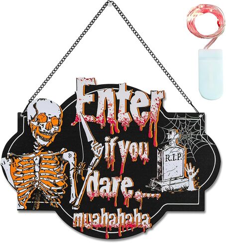 زينة الهالوين على شكل جمجمة علامة الباب: هيكل عظمي لديكور الحائط إكليل مضاء للباب الأمامي - عطلة خشبية مخيفة سوداء معلقة على الحائط لحفلة نافذة الشرفة in Kuwait