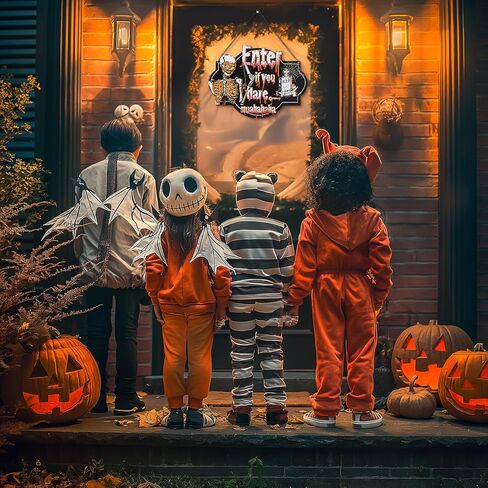 زينة الهالوين على شكل جمجمة علامة الباب: هيكل عظمي لديكور الحائط إكليل مضاء للباب الأمامي - عطلة خشبية مخيفة سوداء معلقة على الحائط لحفلة نافذة الشرفة in Kuwait