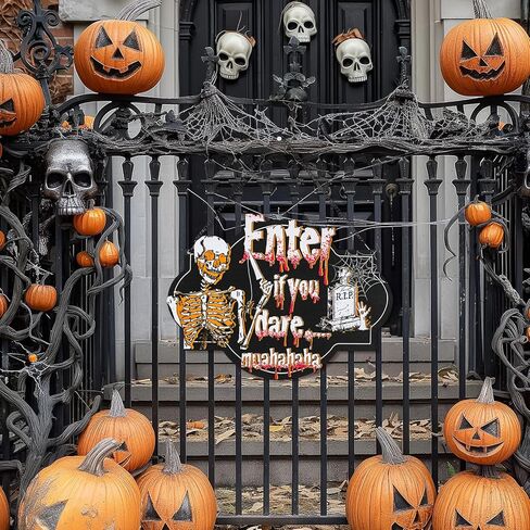 زينة الهالوين على شكل جمجمة علامة الباب: هيكل عظمي لديكور الحائط إكليل مضاء للباب الأمامي - عطلة خشبية مخيفة سوداء معلقة على الحائط لحفلة نافذة الشرفة in Kuwait