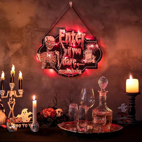 زينة الهالوين على شكل جمجمة علامة الباب: هيكل عظمي لديكور الحائط إكليل مضاء للباب الأمامي - عطلة خشبية مخيفة سوداء معلقة على الحائط لحفلة نافذة الشرفة in Kuwait