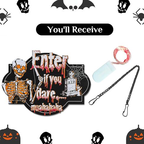 زينة الهالوين على شكل جمجمة علامة الباب: هيكل عظمي لديكور الحائط إكليل مضاء للباب الأمامي - عطلة خشبية مخيفة سوداء معلقة على الحائط لحفلة نافذة الشرفة in Kuwait