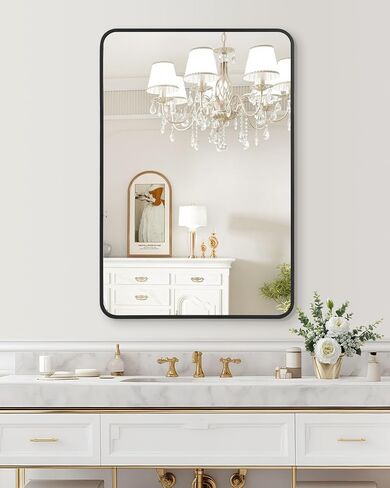 مرآة حمام مثبتة على الحائط مقاس 22 × 30 بوصة، مرايا حائط الحمام، إطار أنيق، سهلة التركيب، ديكور ممتاز لغرفة النوم والحمام والمدخل in Saudi Arabia
