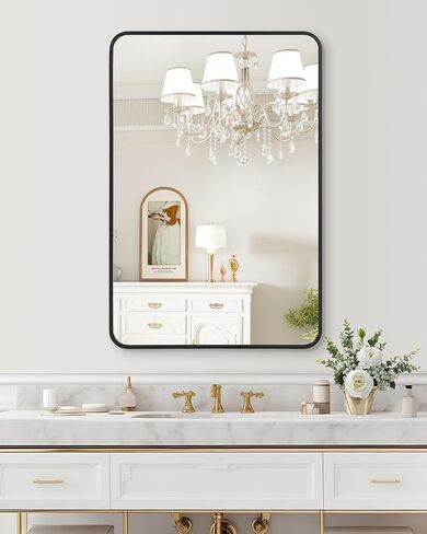 مرآة حمام مثبتة على الحائط مقاس 22 × 30 بوصة، مرايا حائط الحمام، إطار أنيق، سهلة التركيب، ديكور ممتاز لغرفة النوم والحمام والمدخل in Saudi Arabia