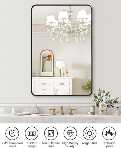 مرآة حمام مثبتة على الحائط مقاس 22 × 30 بوصة، مرايا حائط الحمام، إطار أنيق، سهلة التركيب، ديكور ممتاز لغرفة النوم والحمام والمدخل in Saudi Arabia