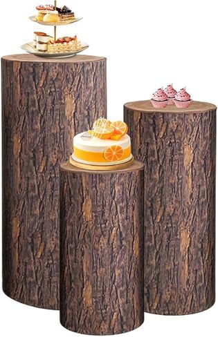 3 Pcs Party Cylinder Stand Covers, Spandex Pedestal Cover, Assorted Size Elastic, Tree Stump Cylinder Covers for Metal Cylinder Pedestal Stands Wedding, Only Contains Cylinder Covers (Wood Color) in Saudi Arabia