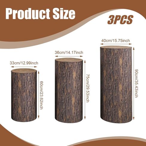 3 Pcs Party Cylinder Stand Covers, Spandex Pedestal Cover, Assorted Size Elastic, Tree Stump Cylinder Covers for Metal Cylinder Pedestal Stands Wedding, Only Contains Cylinder Covers (Wood Color) in Saudi Arabia