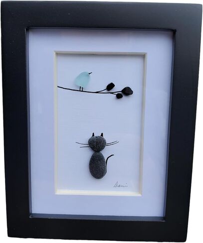 Mini desk art of a cat looking at a bird pebble and seaglass art blue bird nature Artwork measures 3.5 x 4 inchs with Authentic Sea Glass. in Saudi Arabia