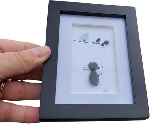 Mini desk art of a cat looking at a bird pebble and seaglass art blue bird nature Artwork measures 3.5 x 4 inchs with Authentic Sea Glass. in Saudi Arabia
