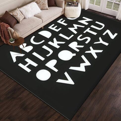 Kids Alphabet White Decorative Typeface Black Scandinavian Font Poster Area Rug Outdoor Patio Rug Play Mat Modern Floor Carpet Non-Slip Home Decor Living Room Kids Bedroom Nursery, 6x9 ft in Saudi Arabia