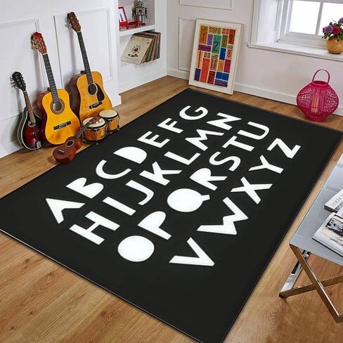 Kids Alphabet White Decorative Typeface Black Scandinavian Font Poster Area Rug Outdoor Patio Rug Play Mat Modern Floor Carpet Non-Slip Home Decor Living Room Kids Bedroom Nursery, 6x9 ft in Saudi Arabia