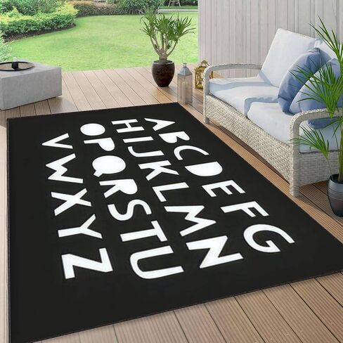 Kids Alphabet White Decorative Typeface Black Scandinavian Font Poster Area Rug Outdoor Patio Rug Play Mat Modern Floor Carpet Non-Slip Home Decor Living Room Kids Bedroom Nursery, 6x9 ft in Saudi Arabia