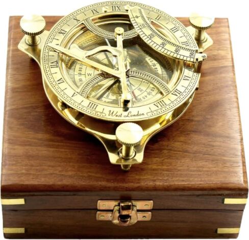 بوصلة نحاسية عتيقة مقاس 4.5 بوصة مع قرص شمسي وحقيبة خشبية أداة ملاحة مغناطيسية اتجاهية من Dolchi in Kuwait