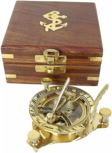 بوصلة نحاسية عتيقة مقاس 4.5 بوصة مع قرص شمسي وحقيبة خشبية أداة ملاحة مغناطيسية اتجاهية من Dolchi in Kuwait