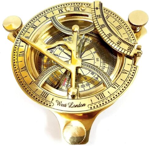 بوصلة نحاسية عتيقة مقاس 4.5 بوصة مع قرص شمسي وحقيبة خشبية أداة ملاحة مغناطيسية اتجاهية من Dolchi in Kuwait