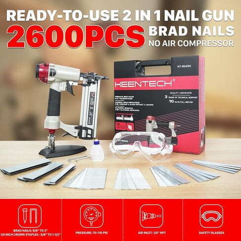 Pneumatic Staple Gun, 2 in 1 Nail Gun, 18 Gauge Brad Nailer with Depth Control, Adjustable Nailgun, Air Power Wood Nailers, Upholstery Crown Stapler for Woodworking, Carry Case, KT5040C in Saudi Arabia