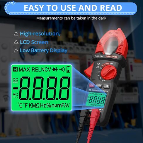 CAMWAY المشبك متر، المشبك الرقمي المتعدد، TRMS 6000counts 600A AC / DC الحالي، AC / DC الجهد NCV استمرارية السعة المقاومة التردد اختبار الصمام الثنائي LOZ، كبير الخلفية LCD المحمولة أمبير المشبك اختبار in Kuwait