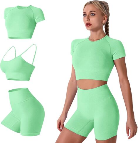 3PC Women Workout Sets Seamless Yoga Outfits Sports Bra Short Sleeve Crop Top with High Waisted Running Shorts Sets in Kuwait