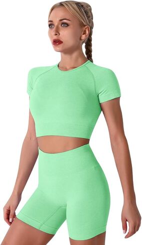 3PC Women Workout Sets Seamless Yoga Outfits Sports Bra Short Sleeve Crop Top with High Waisted Running Shorts Sets in Kuwait