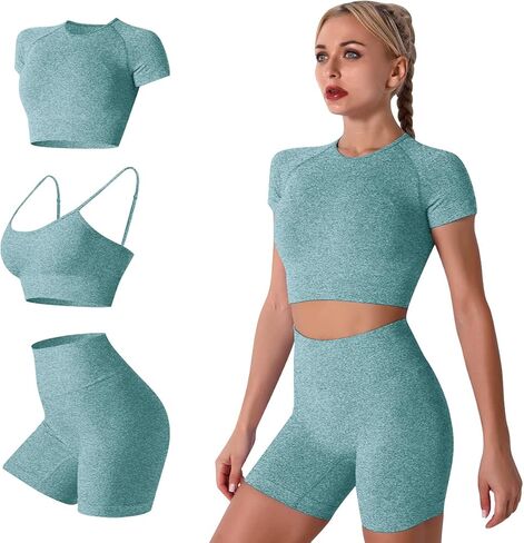 3PC Women Workout Sets Seamless Yoga Outfits Sports Bra Short Sleeve Crop Top with High Waisted Running Shorts Sets in Kuwait
