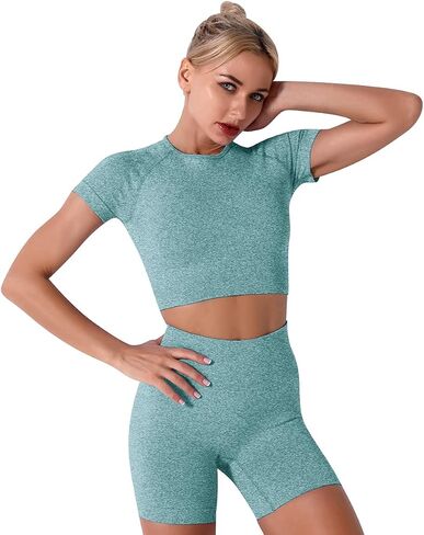 3PC Women Workout Sets Seamless Yoga Outfits Sports Bra Short Sleeve Crop Top with High Waisted Running Shorts Sets in Kuwait