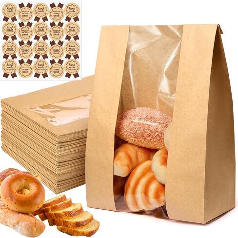Paper Bread Bags - 30 Pack - Homemade Bread Storage Bags with Clear Window Includes Label Seal Stickers -Bakery Packaging Bags for Cookies, Bread, and Treats - Large Kraft 13.7x8.2x3.5inch Brown in Saudi Arabia