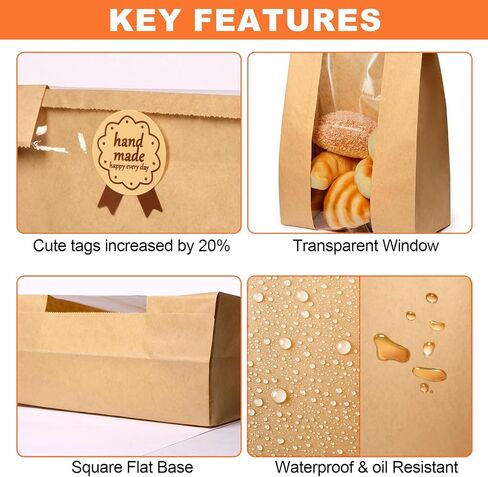 Paper Bread Bags - 30 Pack - Homemade Bread Storage Bags with Clear Window Includes Label Seal Stickers -Bakery Packaging Bags for Cookies, Bread, and Treats - Large Kraft 13.7x8.2x3.5inch Brown in Saudi Arabia