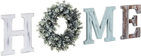 MyGift Wall Mounted Home Letter Sign, Rustic Color Washed Wood Individual Cutout Letters with Artificial Boxwood Wreath in Saudi Arabia