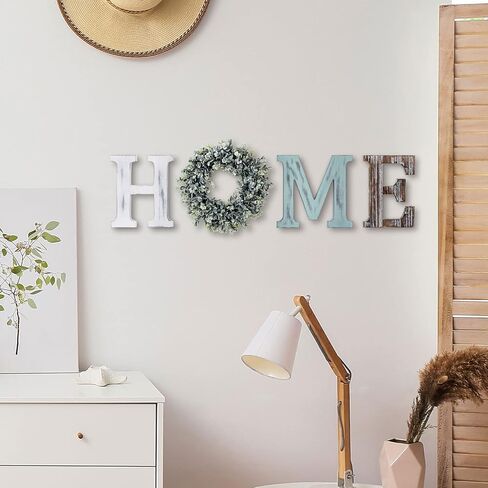 MyGift Wall Mounted Home Letter Sign, Rustic Color Washed Wood Individual Cutout Letters with Artificial Boxwood Wreath in Saudi Arabia