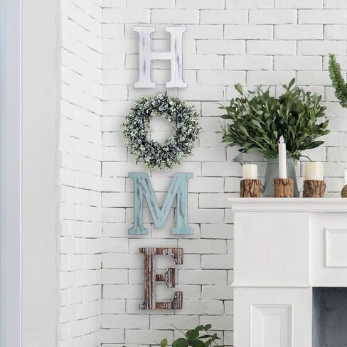 MyGift Wall Mounted Home Letter Sign, Rustic Color Washed Wood Individual Cutout Letters with Artificial Boxwood Wreath in Saudi Arabia