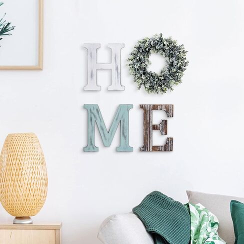 MyGift Wall Mounted Home Letter Sign, Rustic Color Washed Wood Individual Cutout Letters with Artificial Boxwood Wreath in Saudi Arabia