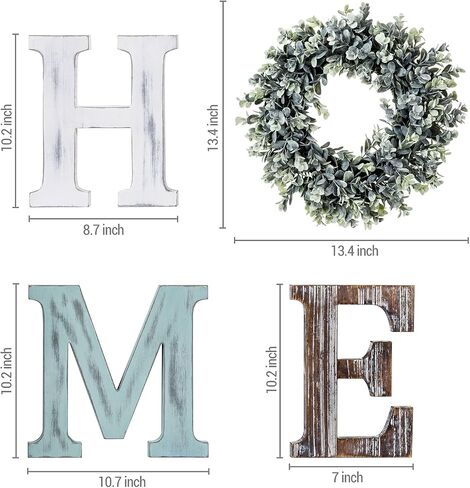 MyGift Wall Mounted Home Letter Sign, Rustic Color Washed Wood Individual Cutout Letters with Artificial Boxwood Wreath in Saudi Arabia