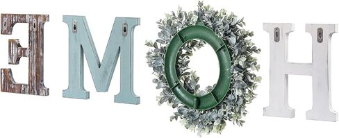 MyGift Wall Mounted Home Letter Sign, Rustic Color Washed Wood Individual Cutout Letters with Artificial Boxwood Wreath in Saudi Arabia