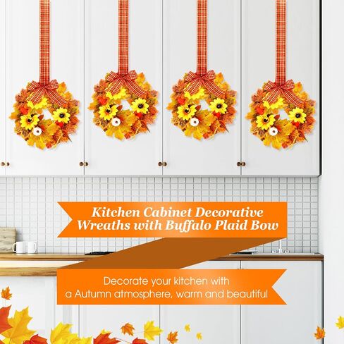 Yilloog 6 قطع أكاليل خزانة مطبخ الخريف أكاليل خشب البقس المزخرفة مع شريط إكليل نباتات خضراء صناعية أكاليل مزرعة للمطبخ in Kuwait