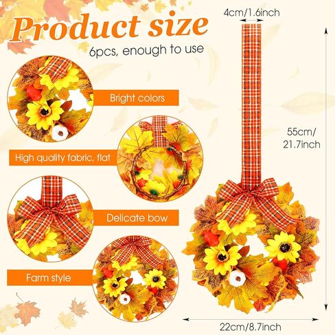 Yilloog 6 قطع أكاليل خزانة مطبخ الخريف أكاليل خشب البقس المزخرفة مع شريط إكليل نباتات خضراء صناعية أكاليل مزرعة للمطبخ in Kuwait