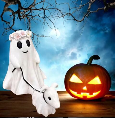 Halloween Ghost Walking Dog Statue, Ghost Walking His/Her Ghost Dog, Spooky Ghost Dog Halloween Figurine, Halloween Ghost Dog Statues, Cute Halloween Decorations Indoor Outdoor (7CM) in Saudi Arabia