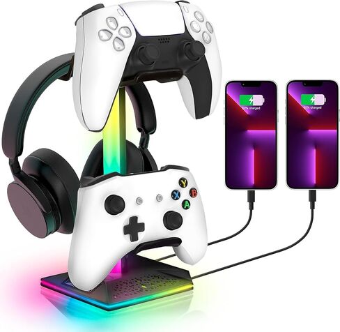RGB Headset Stand, Gaming Headphone Stand with 2 USB Charging Ports,10 Light Modes Headset Holder PC Gaming Accessories, Suitable for All Earphone Accessories, Gift for Boys Men Gamers in Saudi Arabia