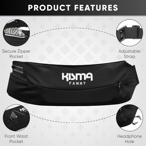 Kisma Running Fanny Pack and Sport Waist Belt for Runners, Hikers, and Travelers, Lightweight Moisture-Wicking Neoprene, Long Adjustable Strap to Fit Men and Women (Black) in Saudi Arabia
