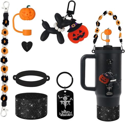 BELSITA Halloween Stanley Cup Accessories Set, Black Devil Brid Witch Hat Straw Cap Straw Cap Water Bottle Handle Strap, Silicone Stanley Cup Boot, Stanley Charms for Stanley Cup 30/40oz Tumble in Kuwait