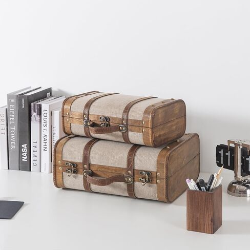صناديق حقائب خشبية مغطاة بالكتان من Soul & Lane - مجموعة من قطعتين، صناديق تخزين أنيقة باللون البيج مع أشرطة، صناديق تعشيش عتيقة مزخرفة للديكور والتخزين in Kuwait
