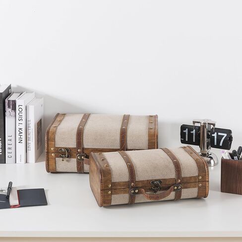 صناديق حقائب خشبية مغطاة بالكتان من Soul & Lane - مجموعة من قطعتين، صناديق تخزين أنيقة باللون البيج مع أشرطة، صناديق تعشيش عتيقة مزخرفة للديكور والتخزين in Kuwait