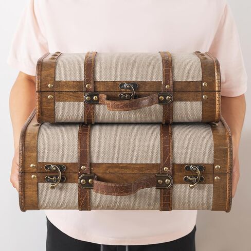 صناديق حقائب خشبية مغطاة بالكتان من Soul & Lane - مجموعة من قطعتين، صناديق تخزين أنيقة باللون البيج مع أشرطة، صناديق تعشيش عتيقة مزخرفة للديكور والتخزين in Kuwait