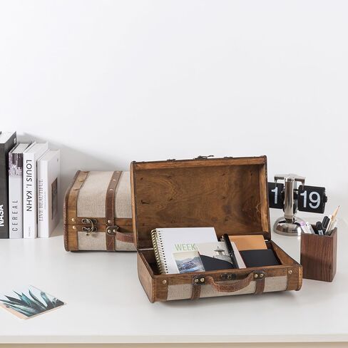 صناديق حقائب خشبية مغطاة بالكتان من Soul & Lane - مجموعة من قطعتين، صناديق تخزين أنيقة باللون البيج مع أشرطة، صناديق تعشيش عتيقة مزخرفة للديكور والتخزين in Kuwait