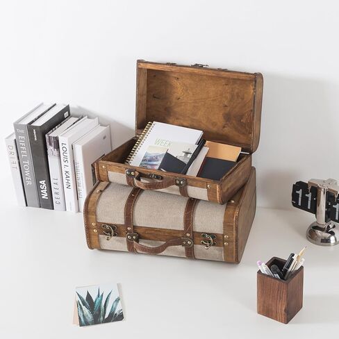 صناديق حقائب خشبية مغطاة بالكتان من Soul & Lane - مجموعة من قطعتين، صناديق تخزين أنيقة باللون البيج مع أشرطة، صناديق تعشيش عتيقة مزخرفة للديكور والتخزين in Kuwait