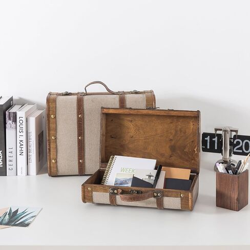 صناديق حقائب خشبية مغطاة بالكتان من Soul & Lane - مجموعة من قطعتين، صناديق تخزين أنيقة باللون البيج مع أشرطة، صناديق تعشيش عتيقة مزخرفة للديكور والتخزين in Kuwait