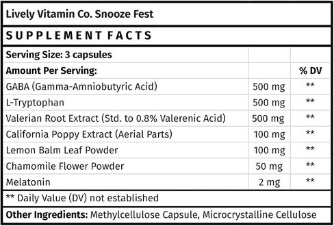 Snooze Fest - Full REM Cycles - Balanced Sleep - Relax Body & Mind - Rest & Recovery - Melatonin - GABA - Chamomile - Tryptophan - Valerian Root - Lemon Balm - Poppy - 60 Count in Saudi Arabia