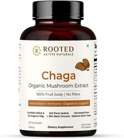 ROOTED Actives, Siberian Chaga Mushroom Extract, Certified Organic| 35% Beta Glucans - Lab Verified | Antioxidant & Vitality Support (180 Capsules) in Saudi Arabia