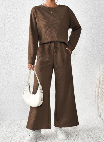 YIJIU Women's Casual 2 Piece Outfits Lounge Sets Long Sleeve Pullover Tops and Drawstring Wide Leg Pants Sweatsuit Tracksuit in Saudi Arabia