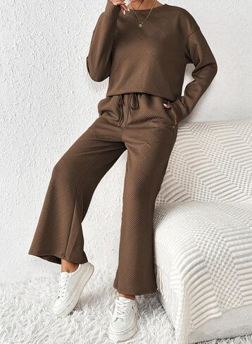 YIJIU Women's Casual 2 Piece Outfits Lounge Sets Long Sleeve Pullover Tops and Drawstring Wide Leg Pants Sweatsuit Tracksuit in Saudi Arabia